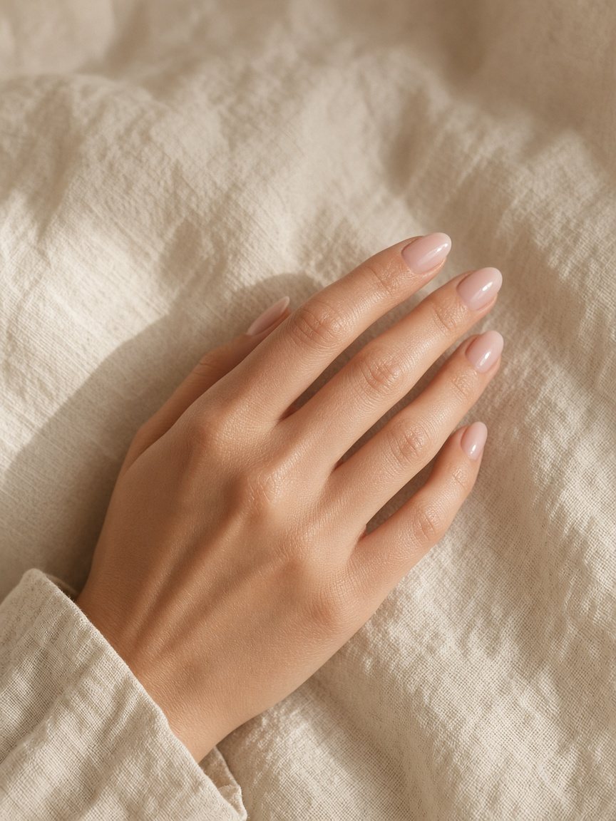 Hand with soft pink press-on nails resting on linen